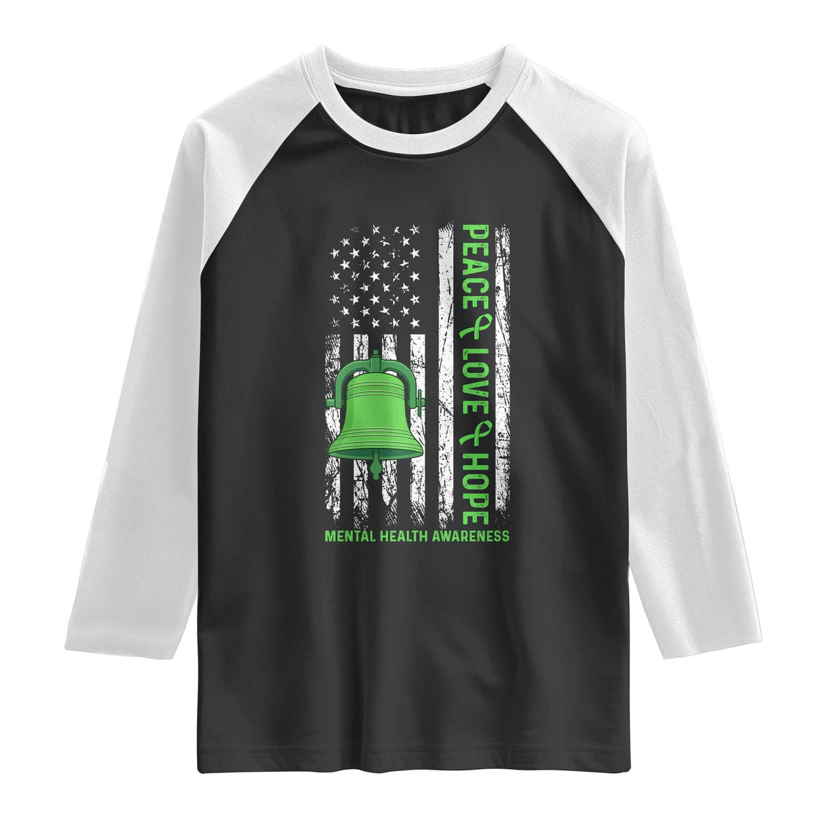 Mental Health Awarenes Raglan Shirt Peace Love Hope Green Ribbon