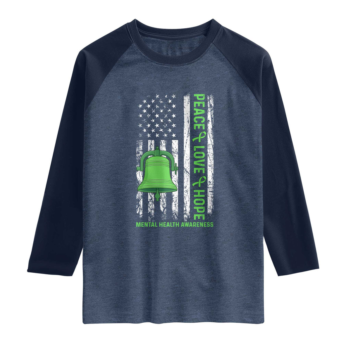 Mental Health Awarenes Raglan Shirt Peace Love Hope Green Ribbon