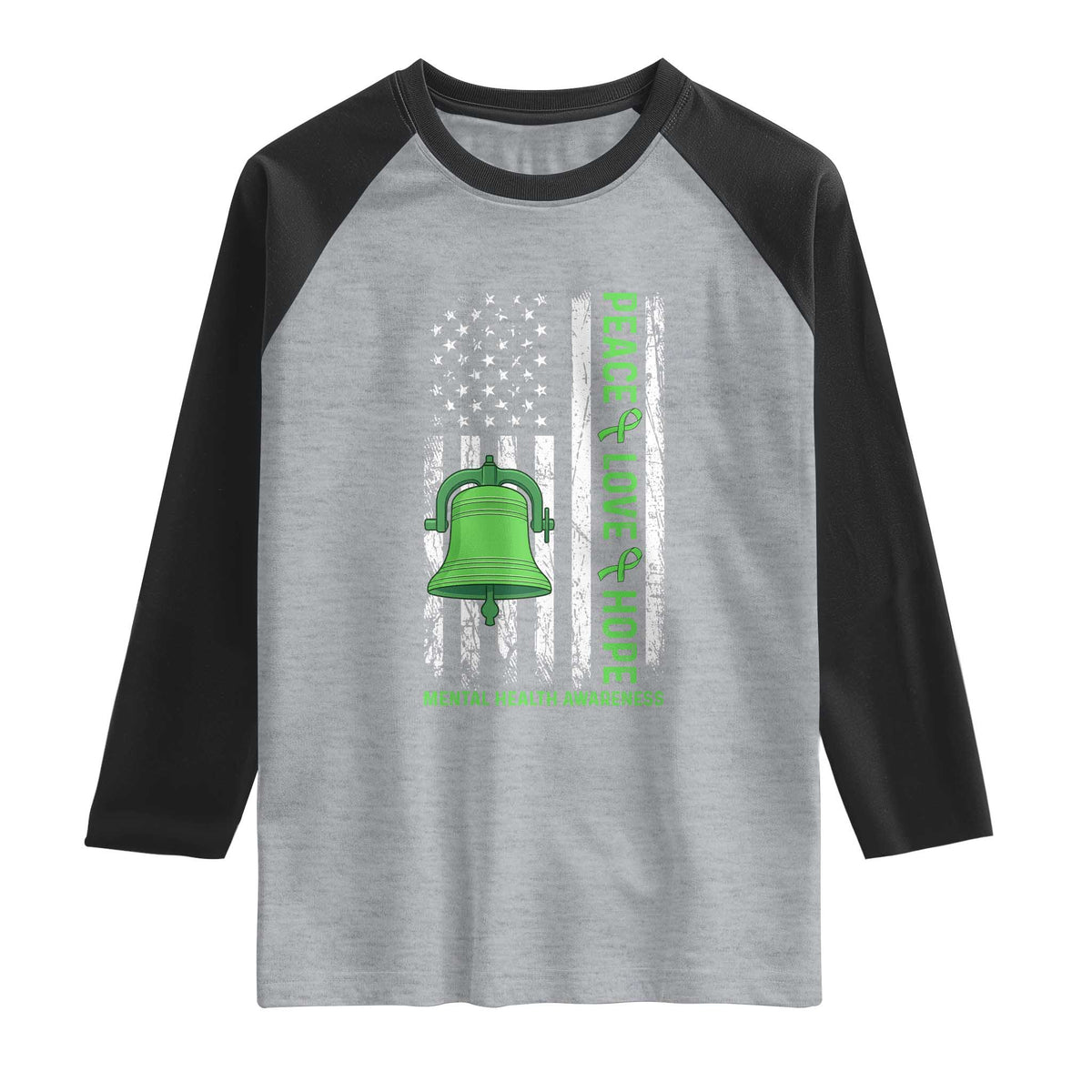 Mental Health Awarenes Raglan Shirt Peace Love Hope Green Ribbon