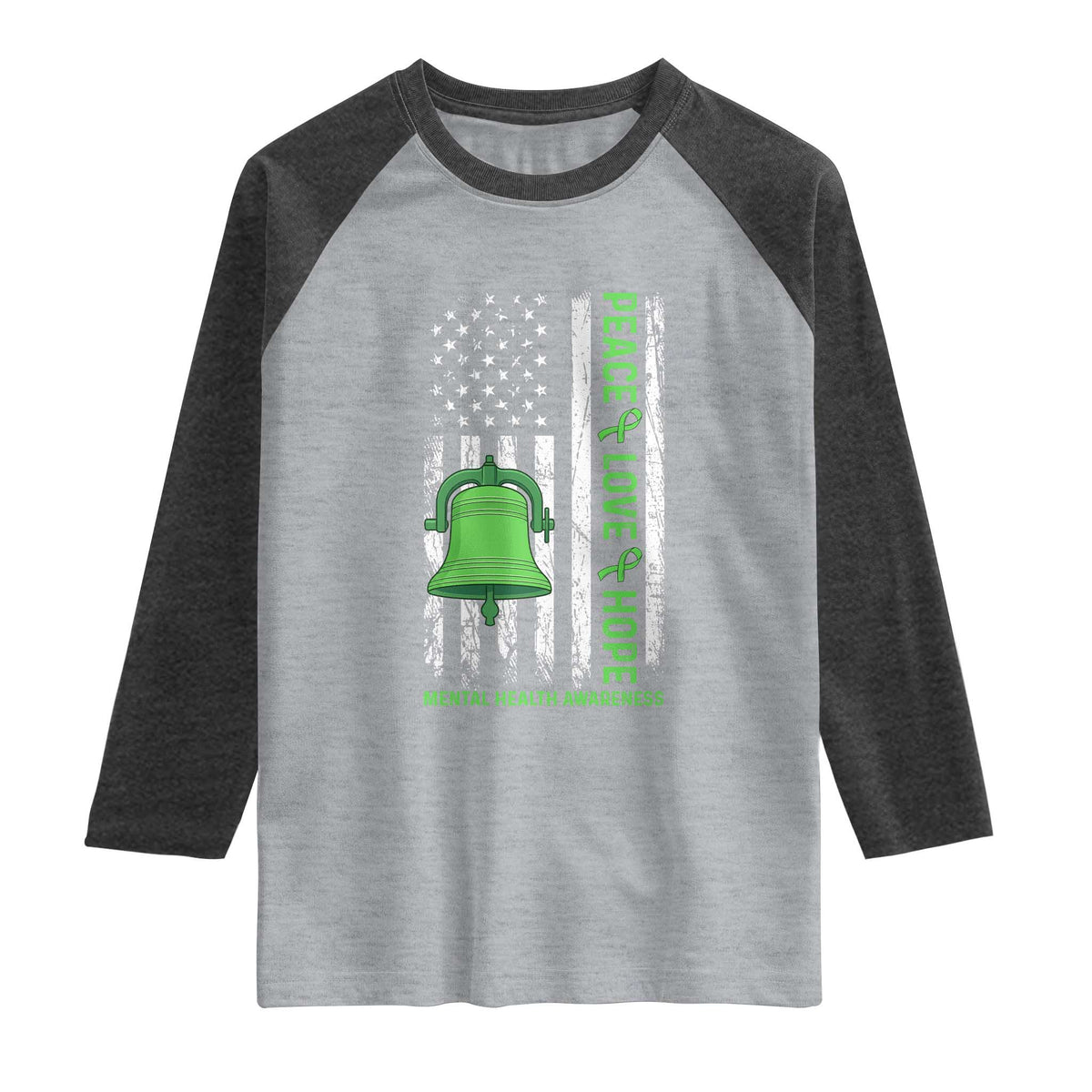 Mental Health Awarenes Raglan Shirt Peace Love Hope Green Ribbon