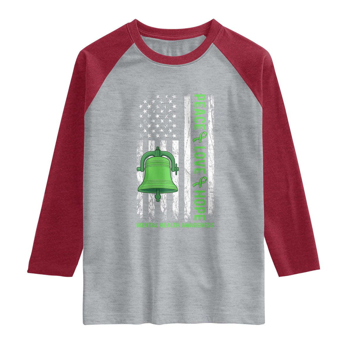 Mental Health Awarenes Raglan Shirt Peace Love Hope Green Ribbon