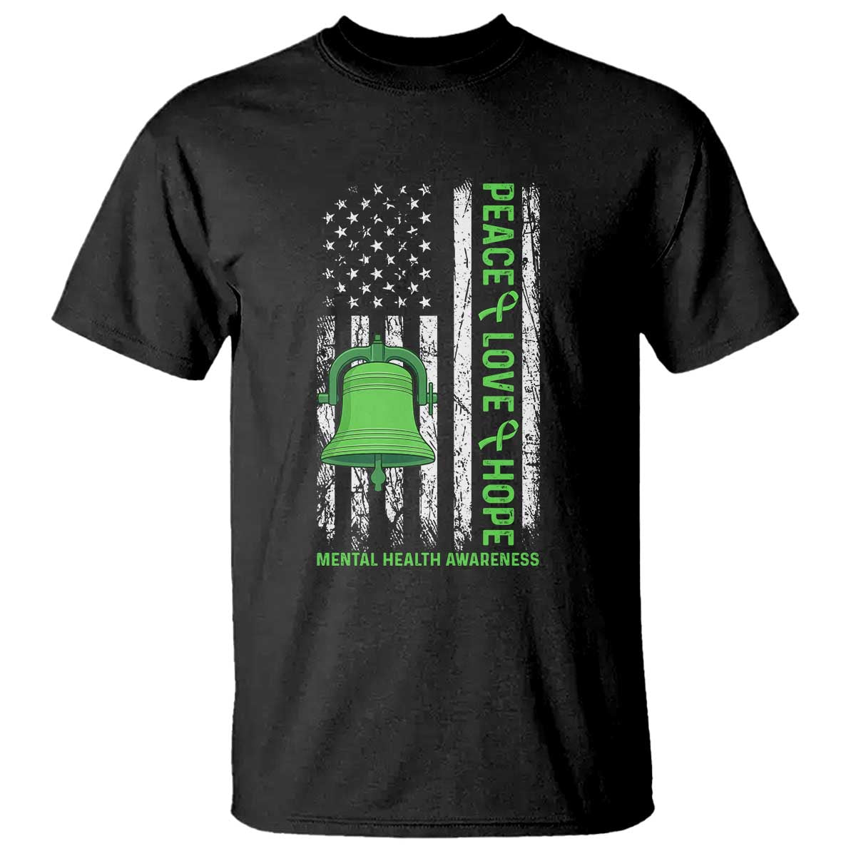 Mental Health Awarenes T Shirt Peace Love Hope Green Ribbon