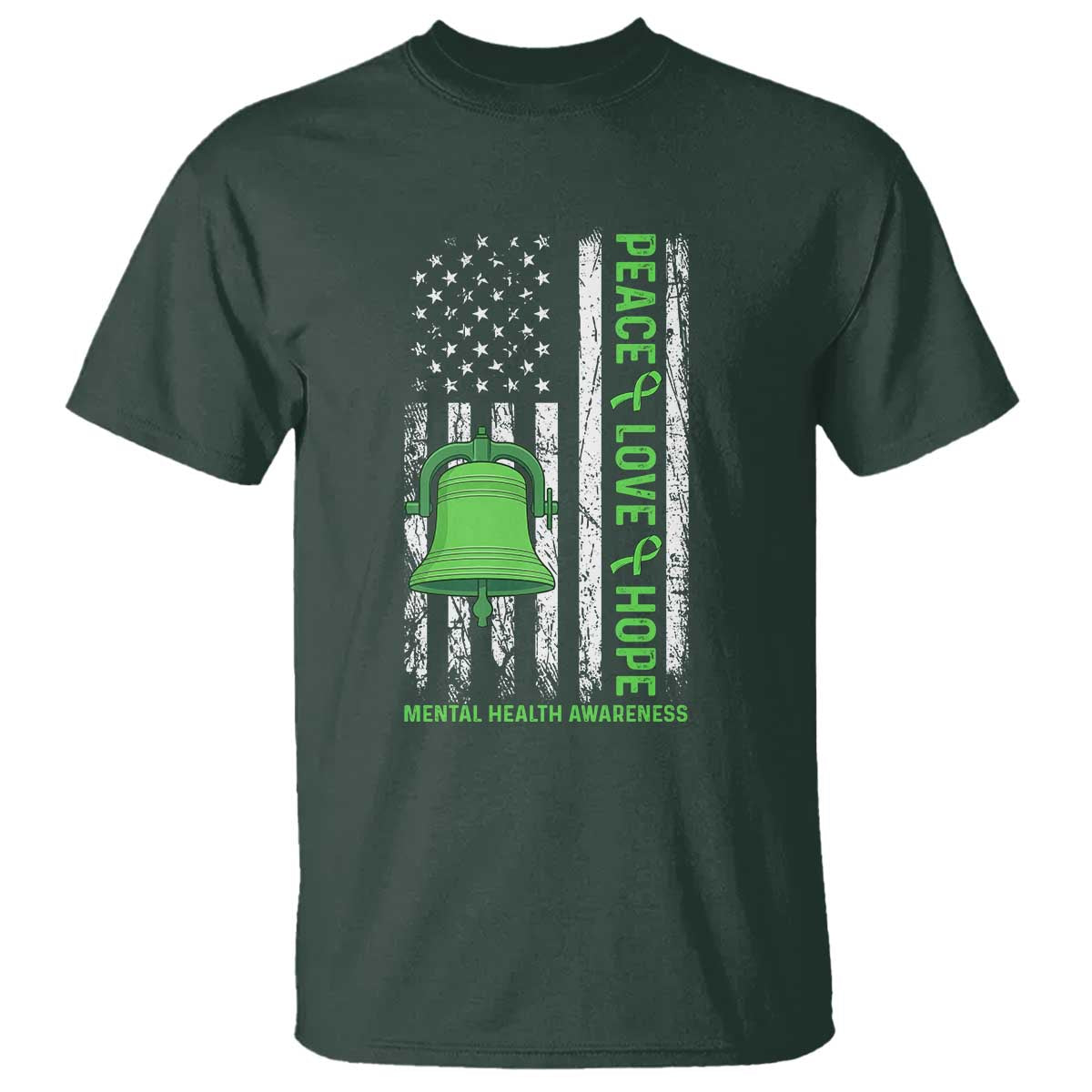 Mental Health Awarenes T Shirt Peace Love Hope Green Ribbon