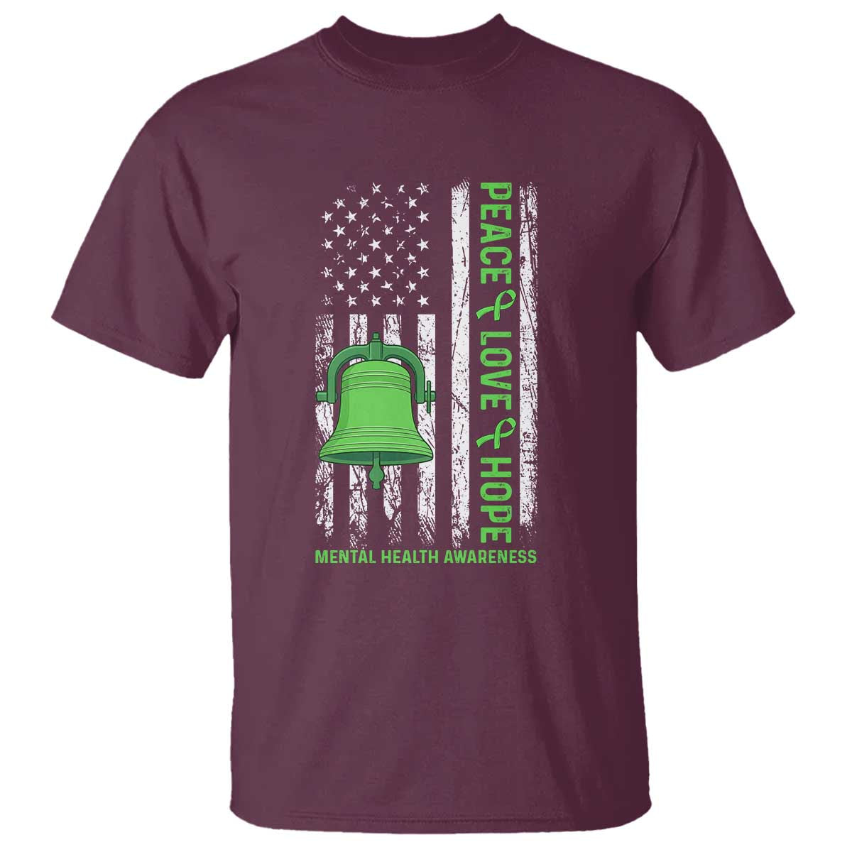 Mental Health Awarenes T Shirt Peace Love Hope Green Ribbon