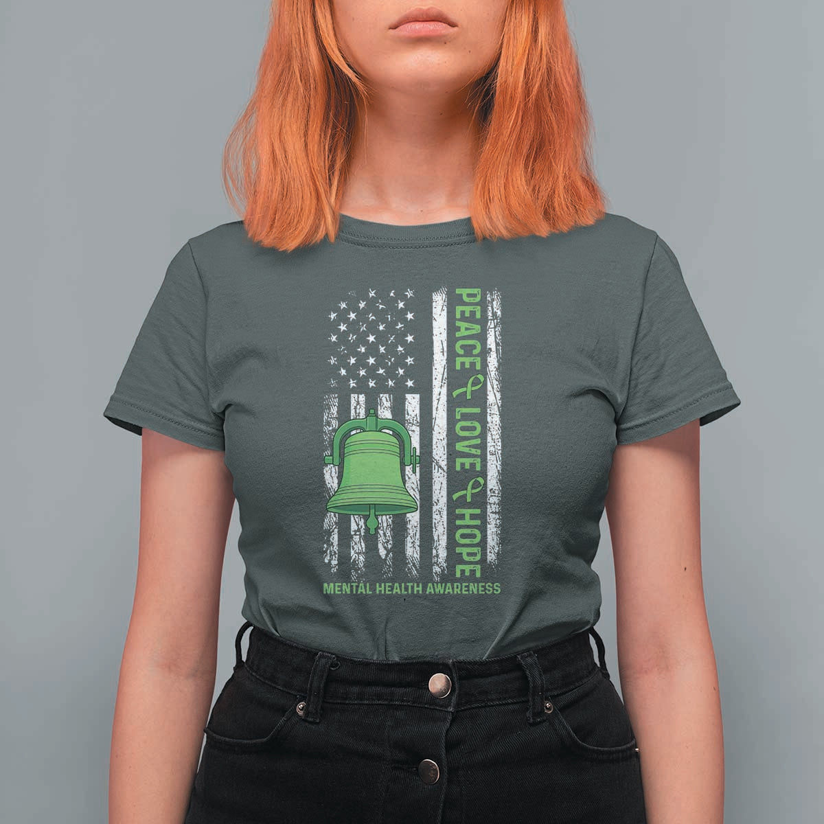 Mental Health Awarenes T Shirt For Women Peace Love Hope Green Ribbon