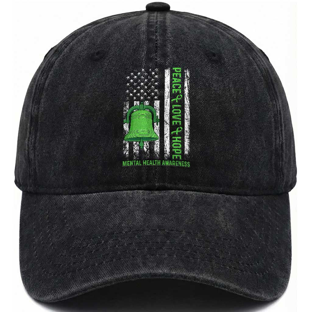Mental Health Awarenes Washed Cotton Baseball Cap Peace Love Hope Green Ribbon