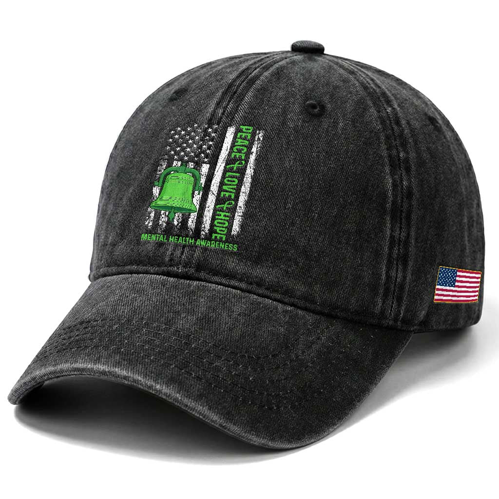 Mental Health Awarenes Washed Cotton Baseball Cap Peace Love Hope Green Ribbon