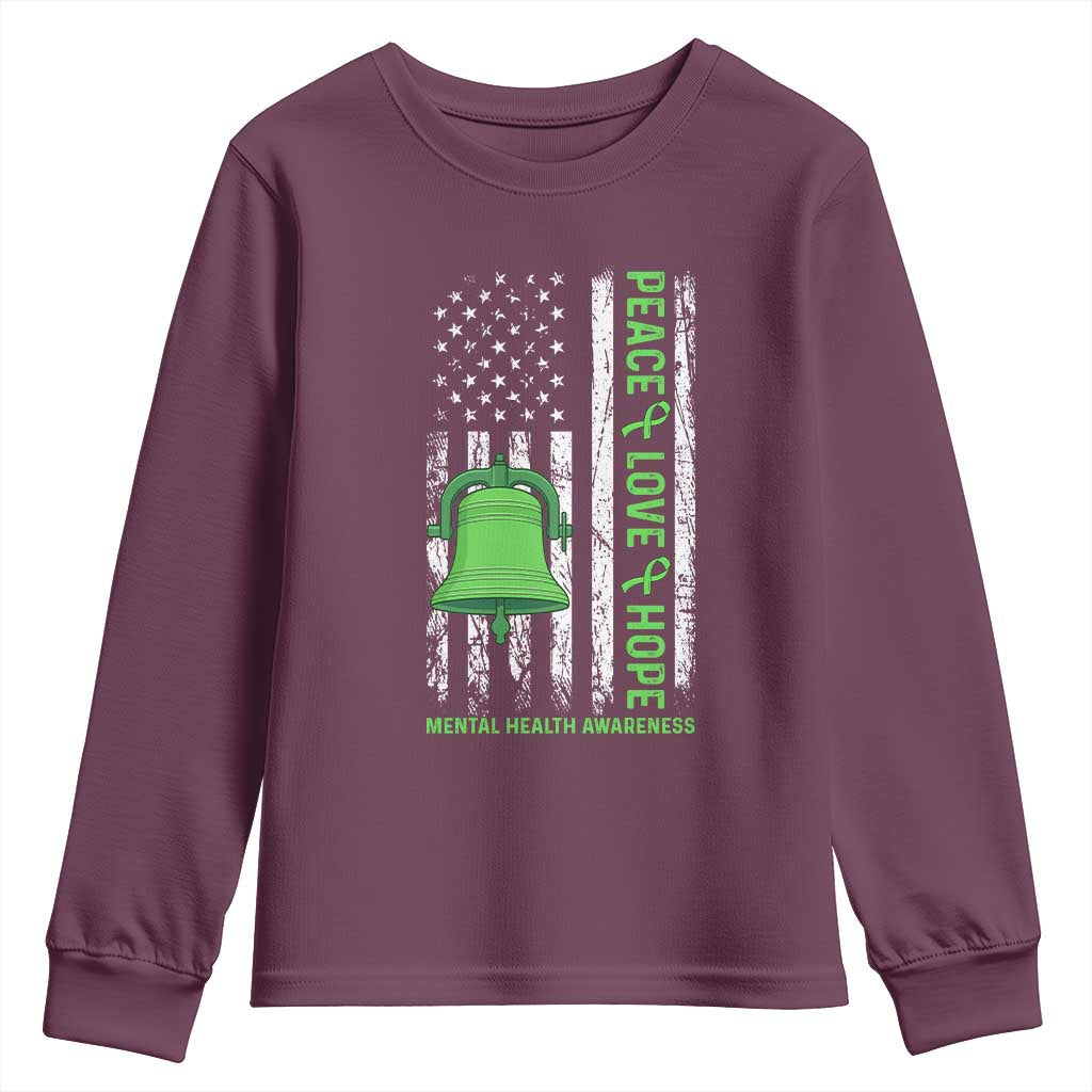 Mental Health Awarenes Youth Sweatshirt Peace Love Hope Green Ribbon