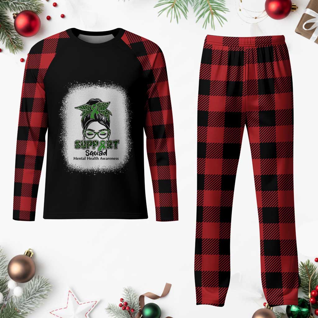 Mental Health Awarenes Plaid Pajama Set Messy Bun Green Ribbon Support