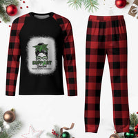 Mental Health Awarenes Plaid Pajama Set Messy Bun Green Ribbon Support
