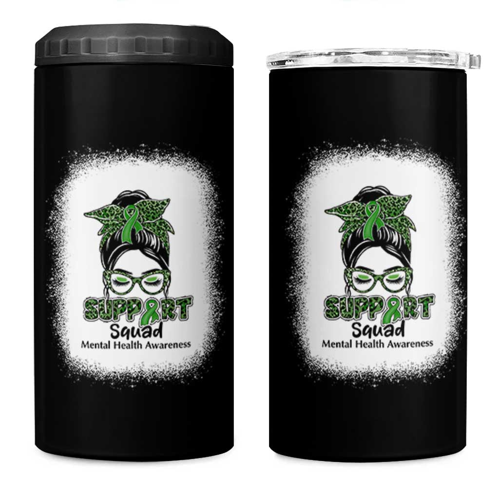 Mental Health Awarenes 4 in 1 Can Cooler Tumbler Messy Bun Green Ribbon Support