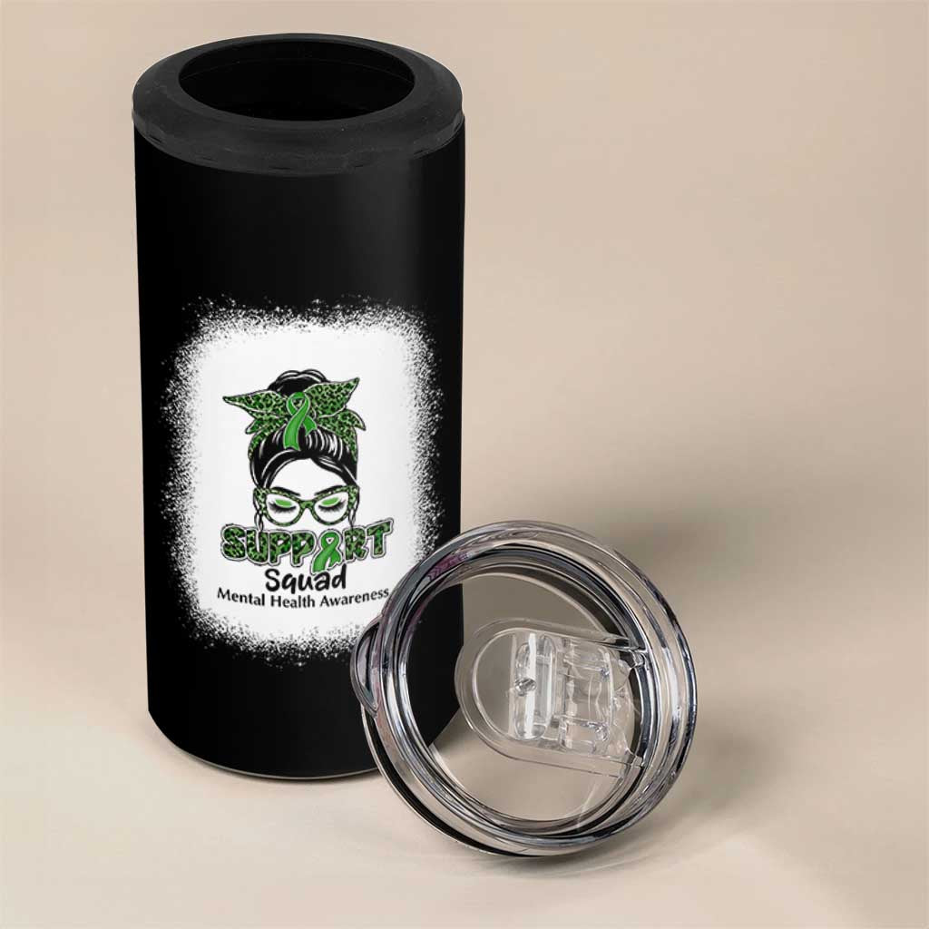 Mental Health Awarenes 4 in 1 Can Cooler Tumbler Messy Bun Green Ribbon Support