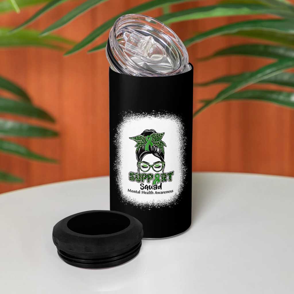 Mental Health Awarenes 4 in 1 Can Cooler Tumbler Messy Bun Green Ribbon Support