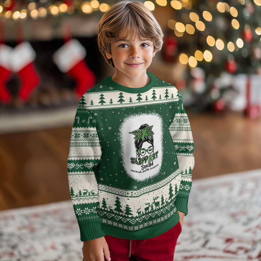 Mental Health Awarenes Ugly Christmas Sweater Messy Bun Green Ribbon Support