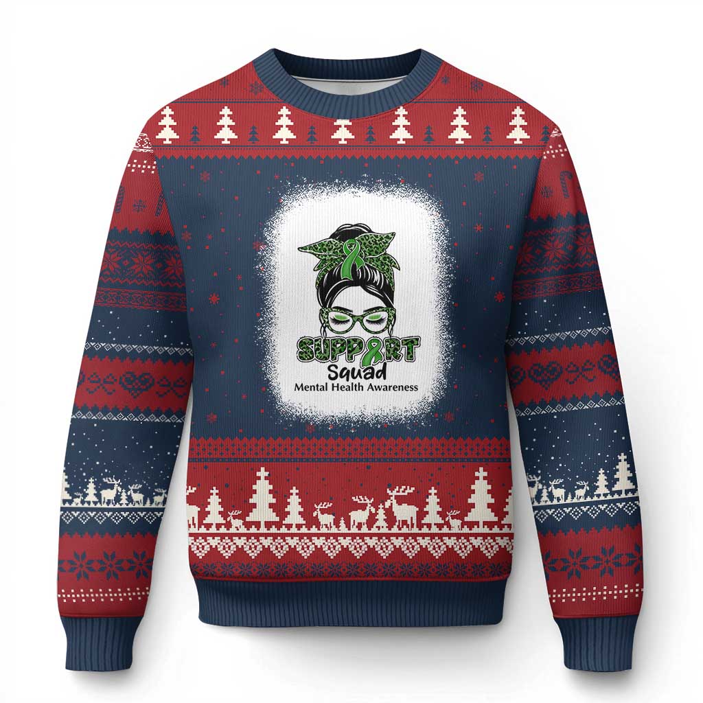 Mental Health Awarenes Ugly Christmas Sweater Messy Bun Green Ribbon Support