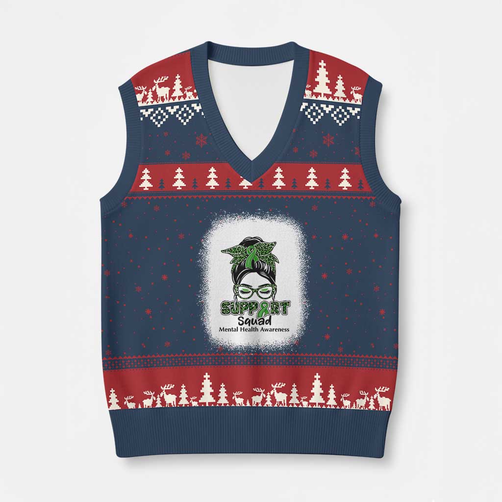 Mental Health Awarenes V-Neck Knit Sweater Vest Messy Bun Green Ribbon Support