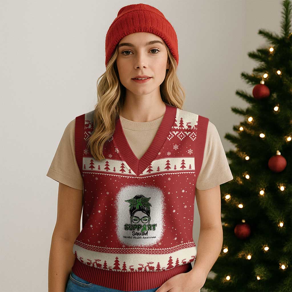 Mental Health Awarenes V-Neck Knit Sweater Vest Messy Bun Green Ribbon Support