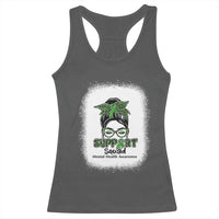 Mental Health Awarenes Racerback Tank Top Messy Bun Green Ribbon Support