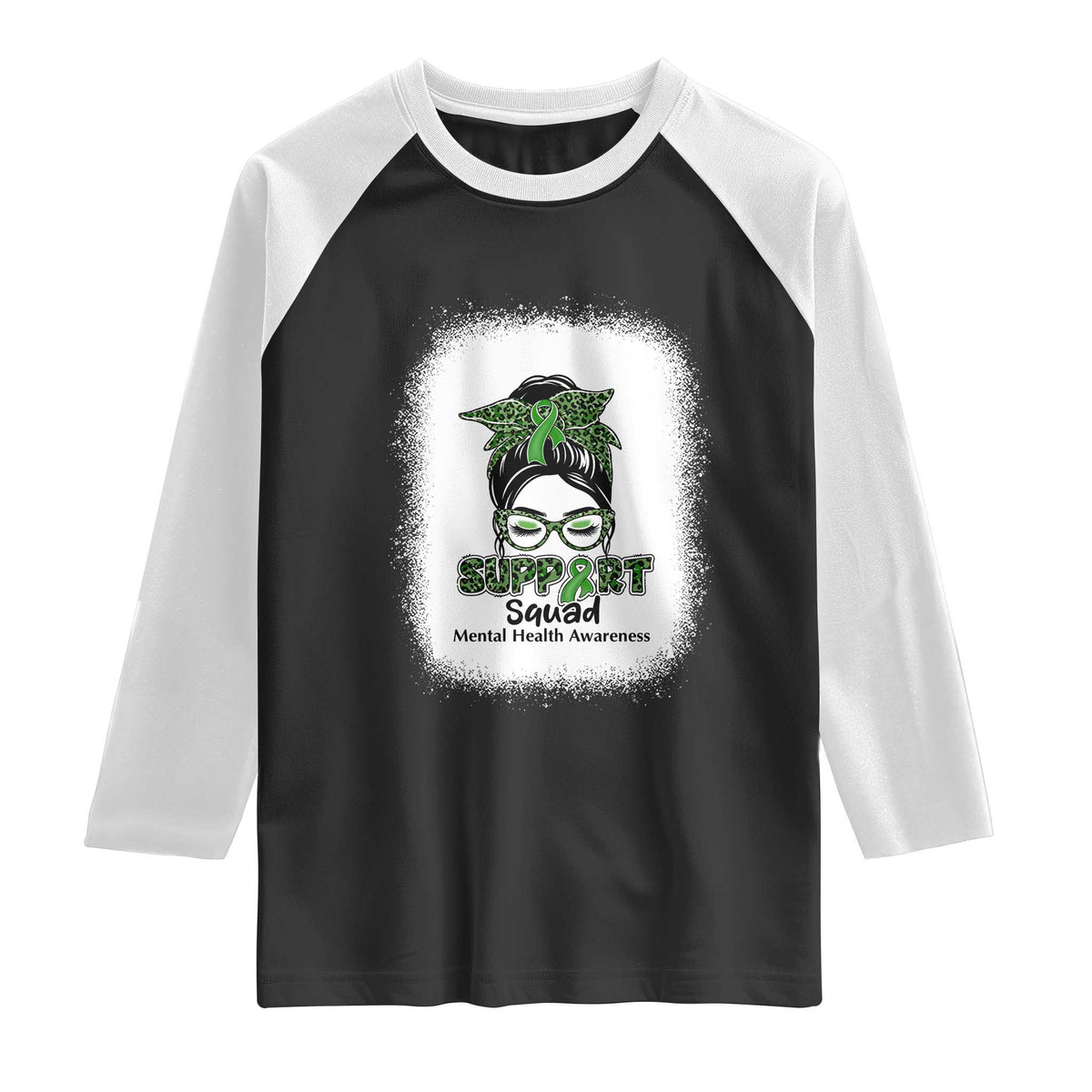 Mental Health Awarenes Raglan Shirt Messy Bun Green Ribbon Support