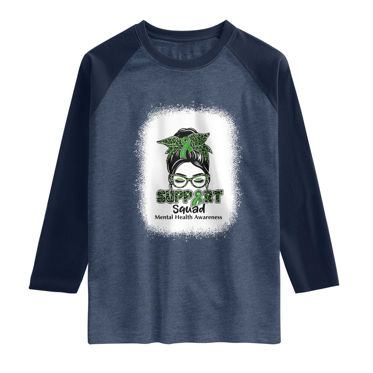 Mental Health Awarenes Raglan Shirt Messy Bun Green Ribbon Support