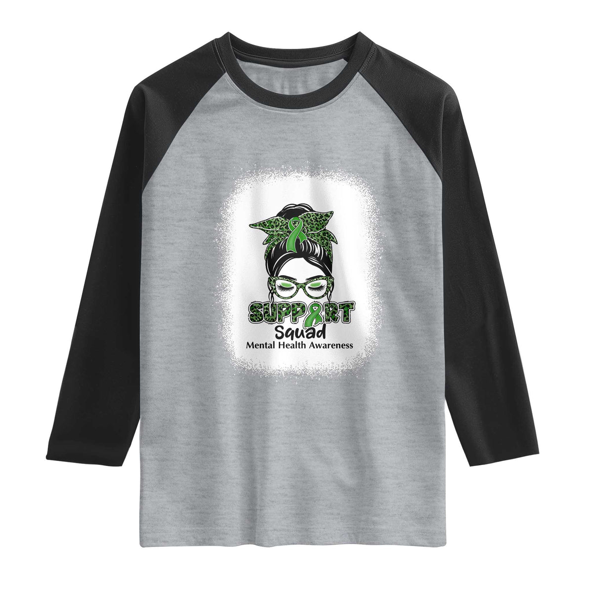 Mental Health Awarenes Raglan Shirt Messy Bun Green Ribbon Support