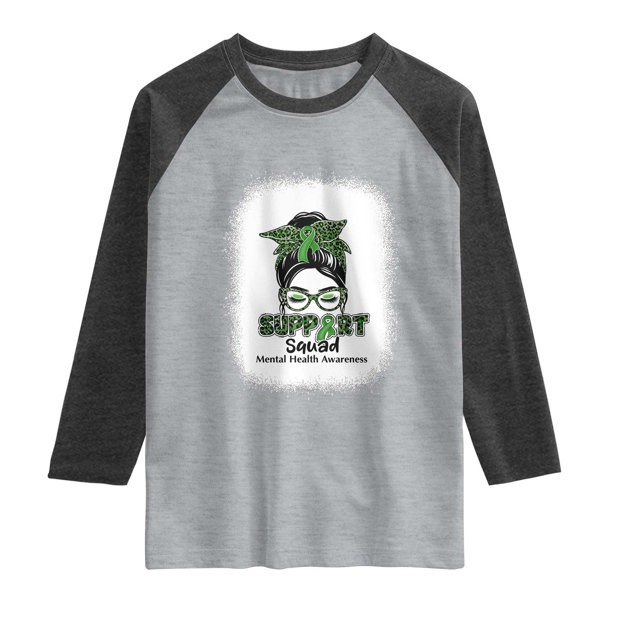 Mental Health Awarenes Raglan Shirt Messy Bun Green Ribbon Support