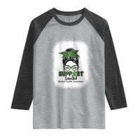 Mental Health Awarenes Raglan Shirt Messy Bun Green Ribbon Support