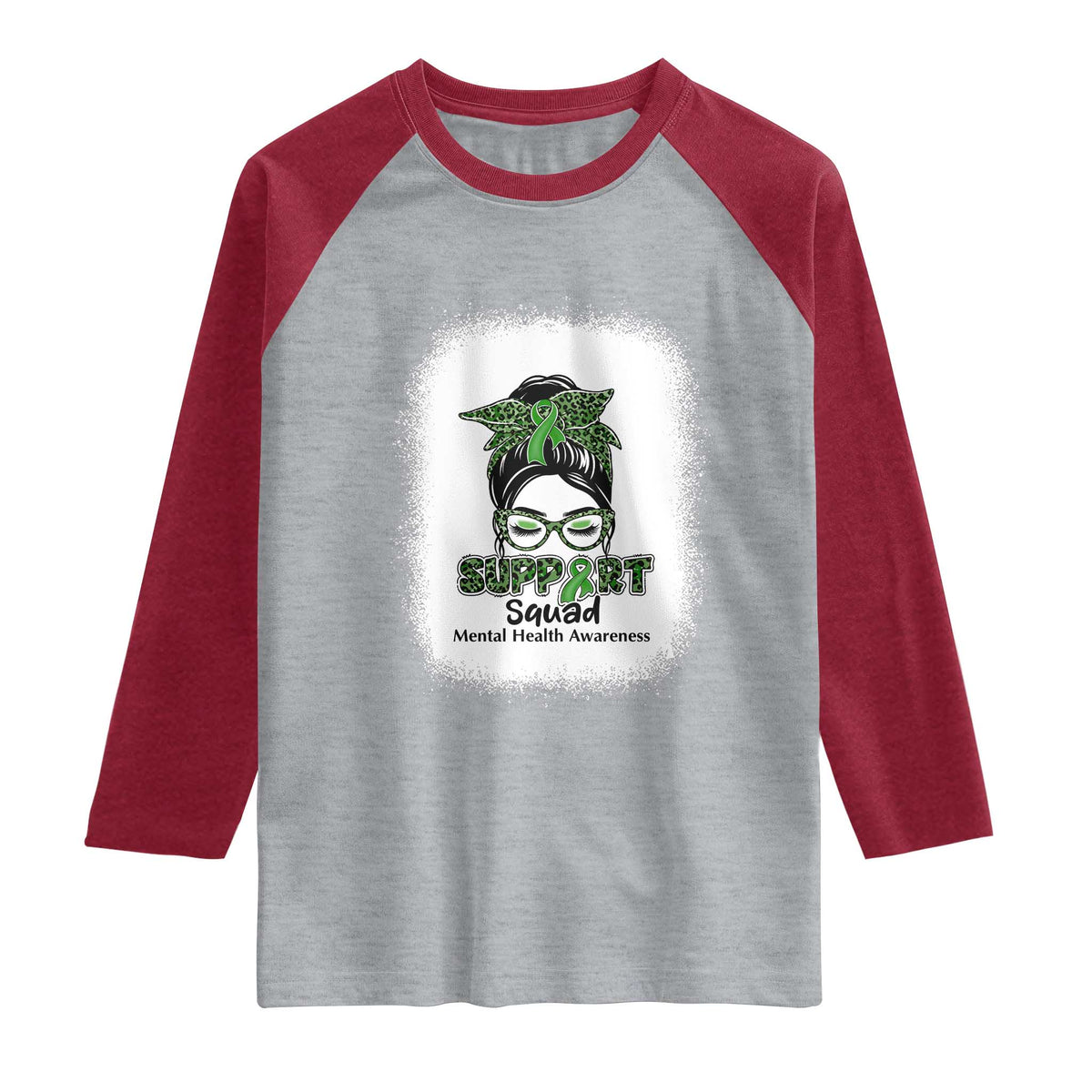 Mental Health Awarenes Raglan Shirt Messy Bun Green Ribbon Support