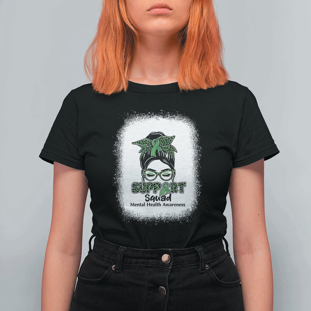 Mental Health Awarenes T Shirt For Women Messy Bun Green Ribbon Support