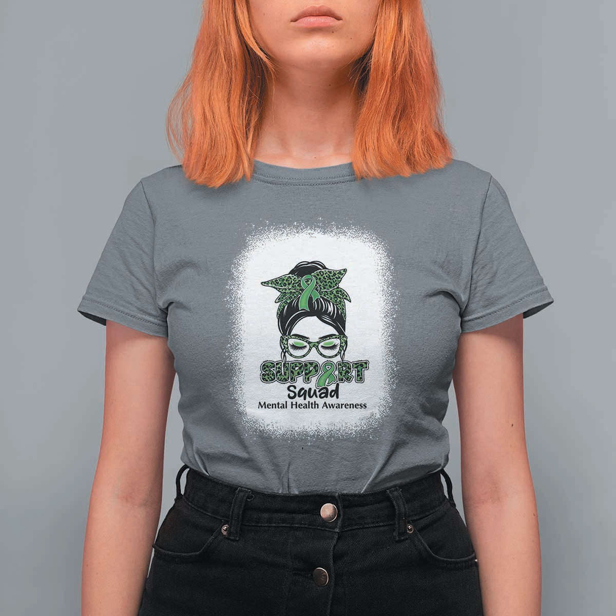 Mental Health Awarenes T Shirt For Women Messy Bun Green Ribbon Support