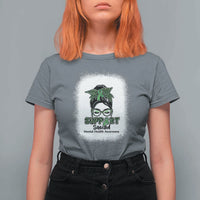 Mental Health Awarenes T Shirt For Women Messy Bun Green Ribbon Support