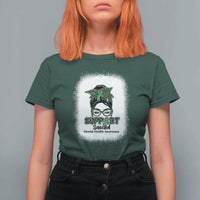 Mental Health Awarenes T Shirt For Women Messy Bun Green Ribbon Support
