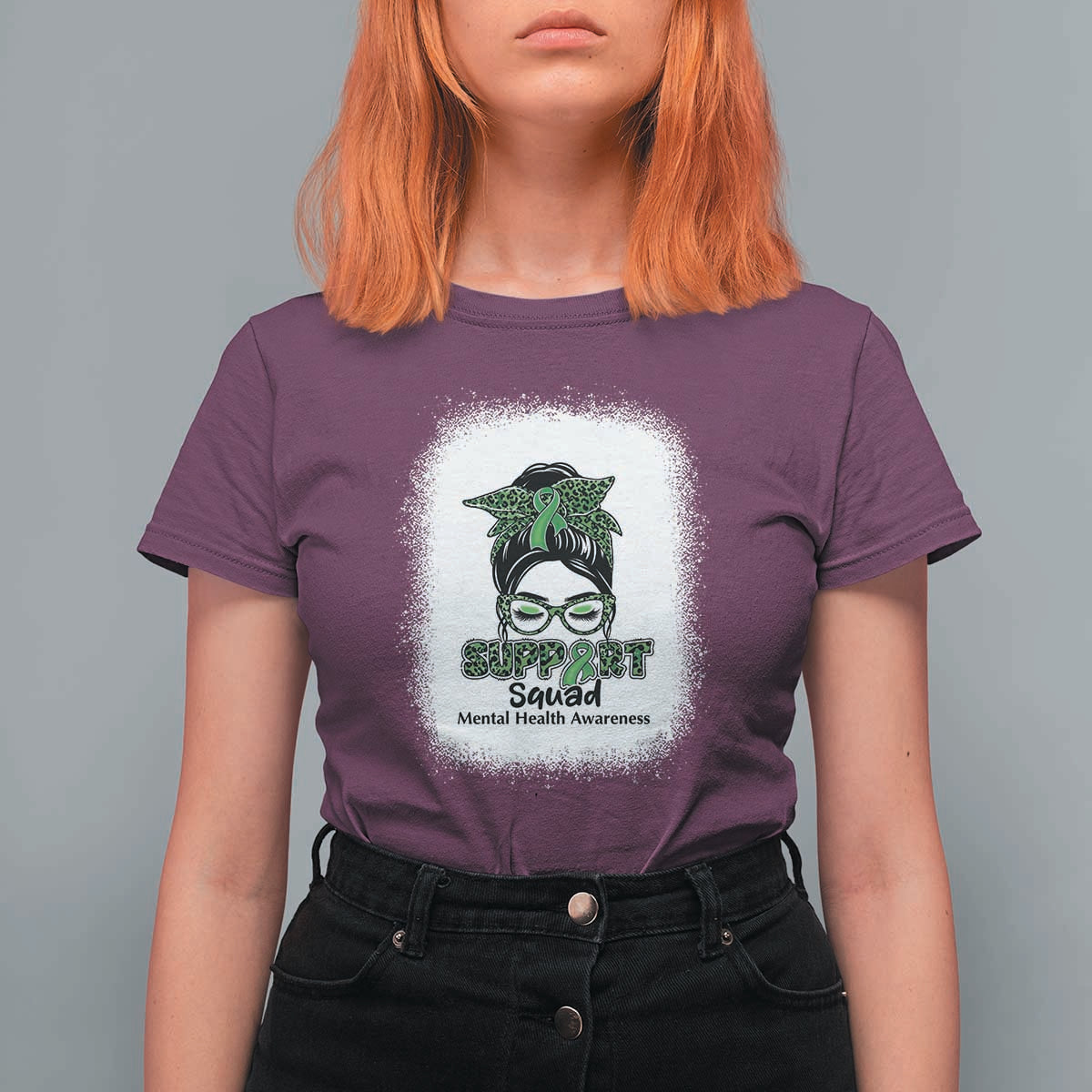 Mental Health Awarenes T Shirt For Women Messy Bun Green Ribbon Support