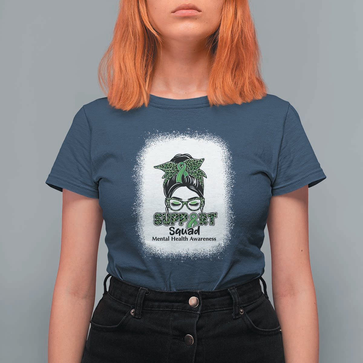 Mental Health Awarenes T Shirt For Women Messy Bun Green Ribbon Support