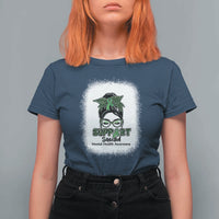 Mental Health Awarenes T Shirt For Women Messy Bun Green Ribbon Support