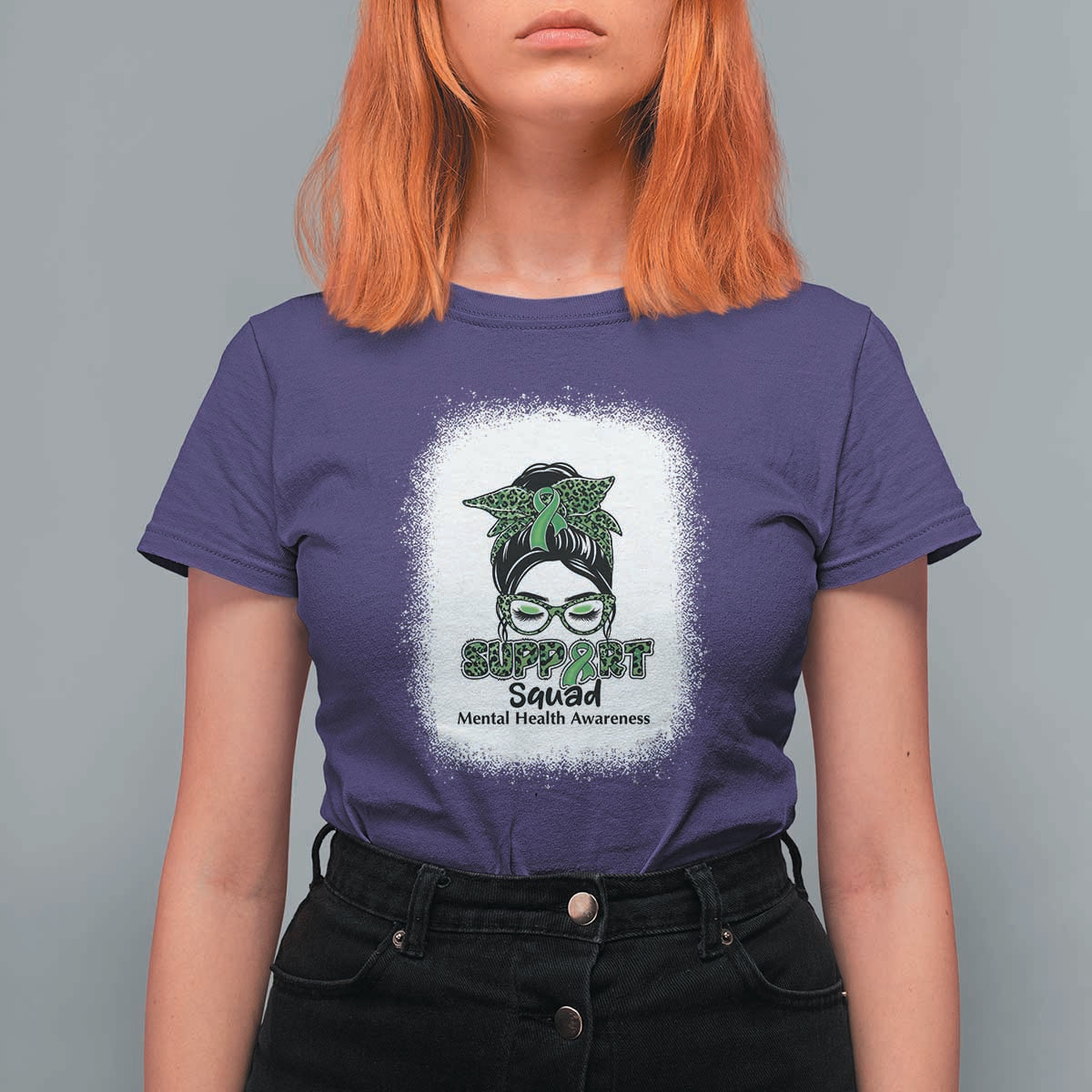 Mental Health Awarenes T Shirt For Women Messy Bun Green Ribbon Support