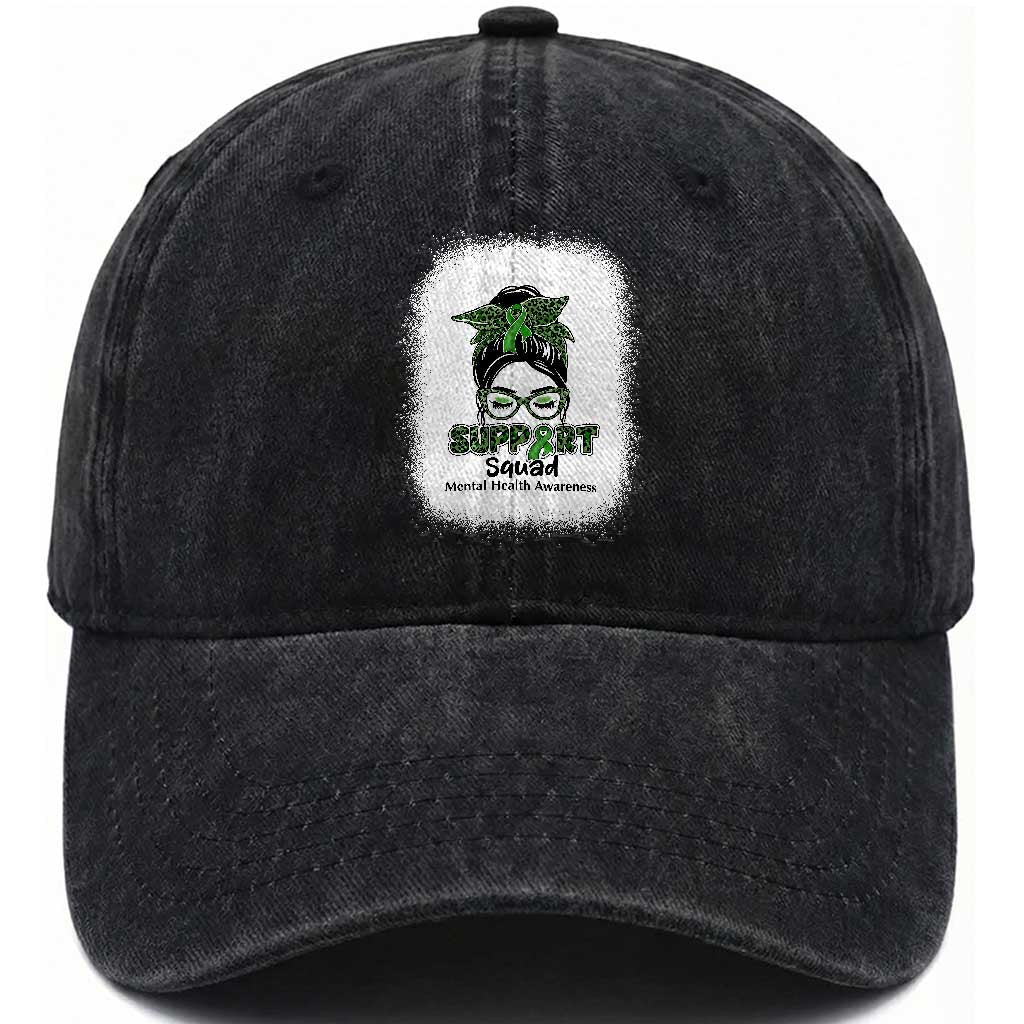 Mental Health Awarenes Washed Cotton Baseball Cap Messy Bun Green Ribbon Support