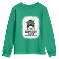 Mental Health Awarenes Youth Sweatshirt Messy Bun Green Ribbon Support
