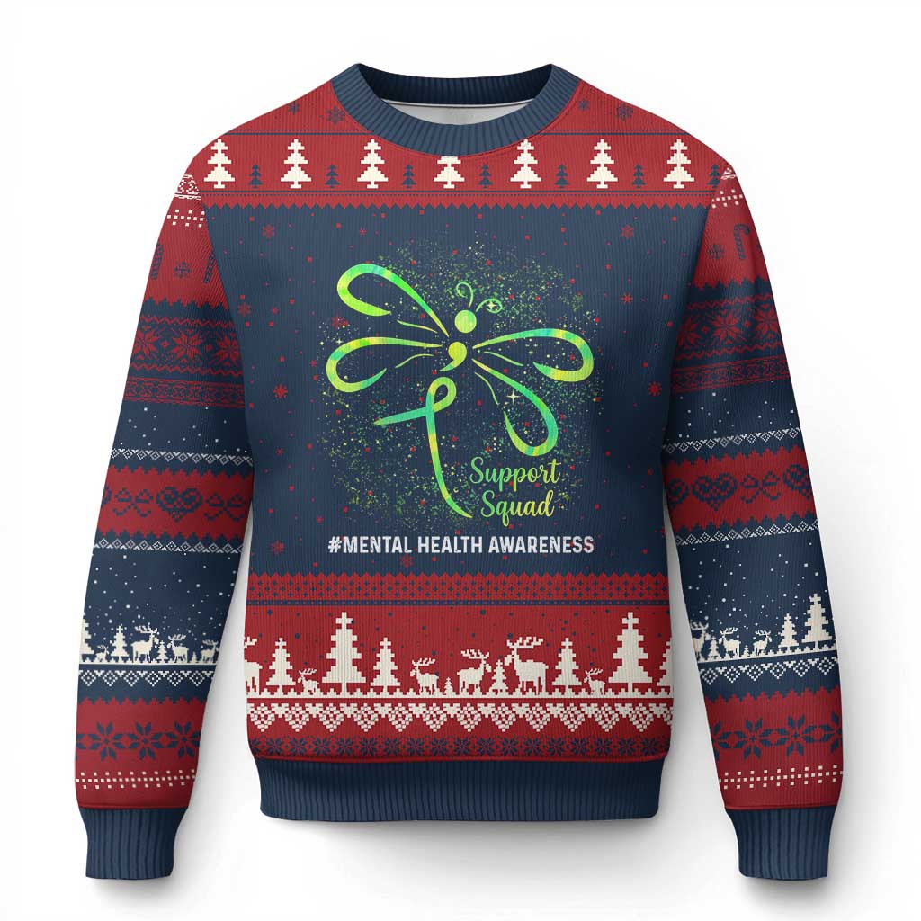 Mental Health Awarenes Ugly Christmas Sweater Support Squad Green Ribbon