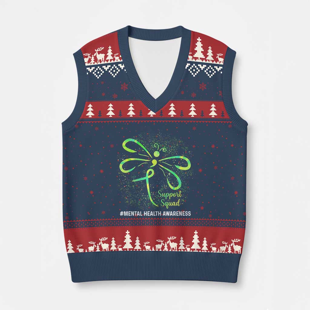 Mental Health Awarenes V-Neck Knit Sweater Vest Support Squad Green Ribbon