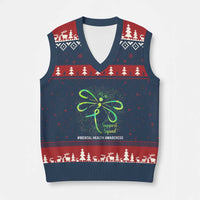 Mental Health Awarenes V-Neck Knit Sweater Vest Support Squad Green Ribbon