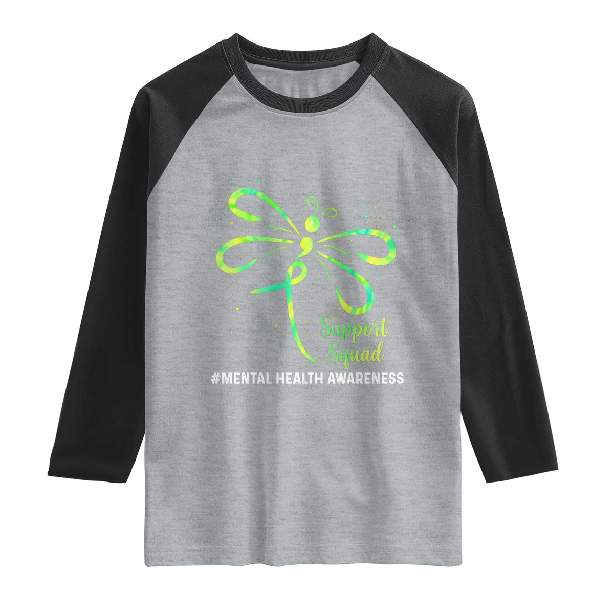 Mental Health Awarenes Raglan Shirt Support Squad Green Ribbon