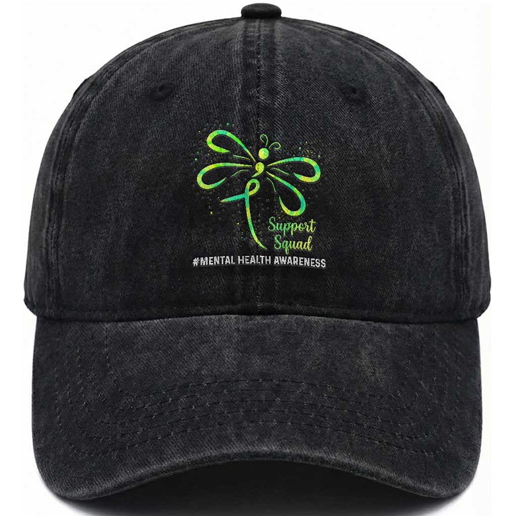 Mental Health Awarenes Washed Cotton Baseball Cap Support Squad Green Ribbon