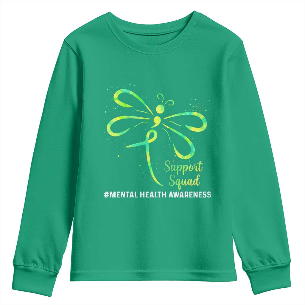 Mental Health Awarenes Youth Sweatshirt Support Squad Green Ribbon
