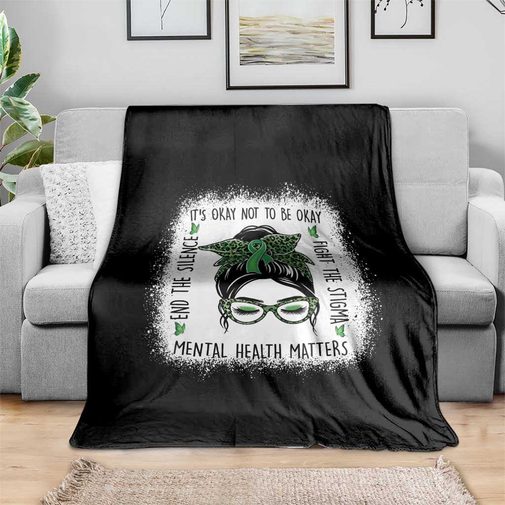 Mental Health Matters Throw Blanket Messy Bun Green Ribbon Support