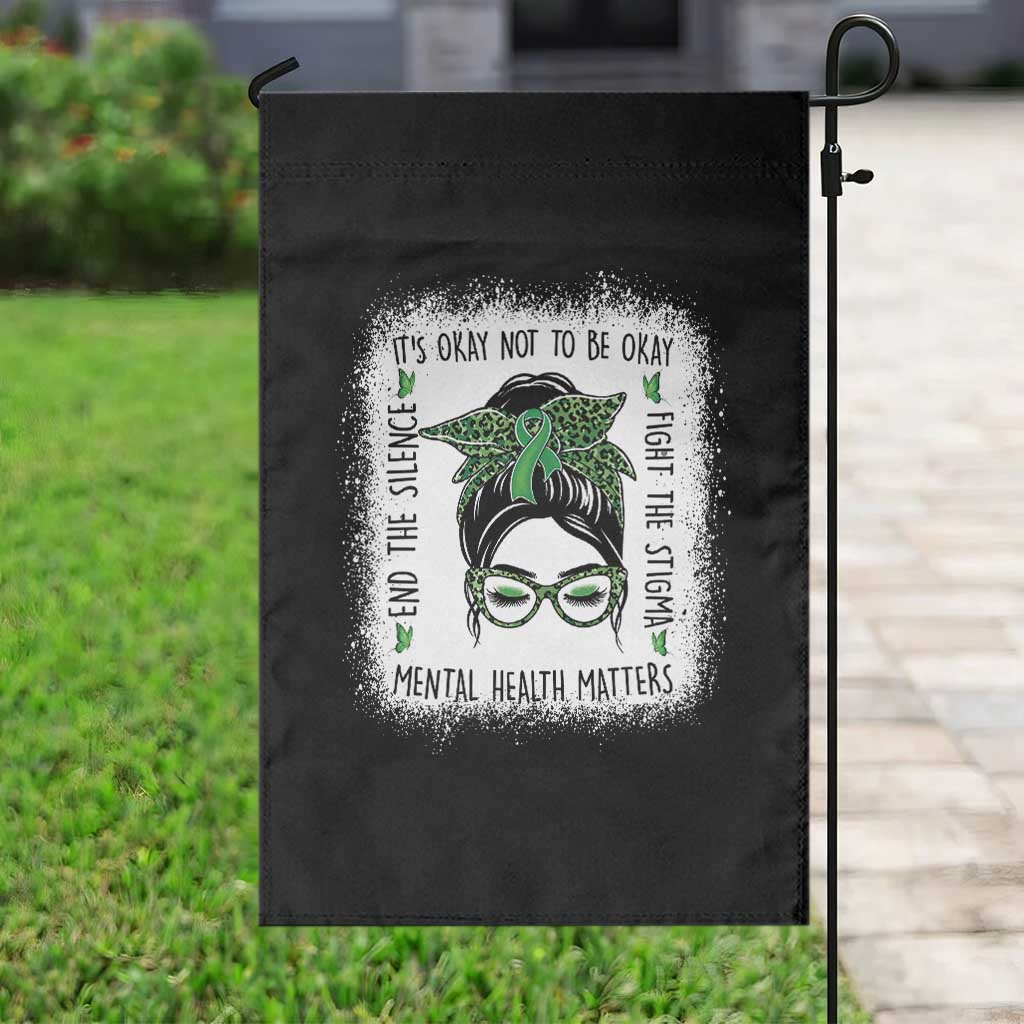 Mental Health Matters Garden Flag Messy Bun Green Ribbon Support