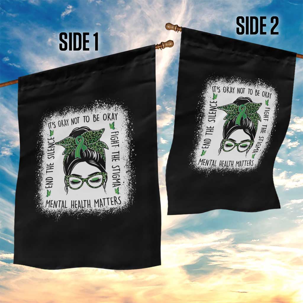 Mental Health Matters Garden Flag Messy Bun Green Ribbon Support