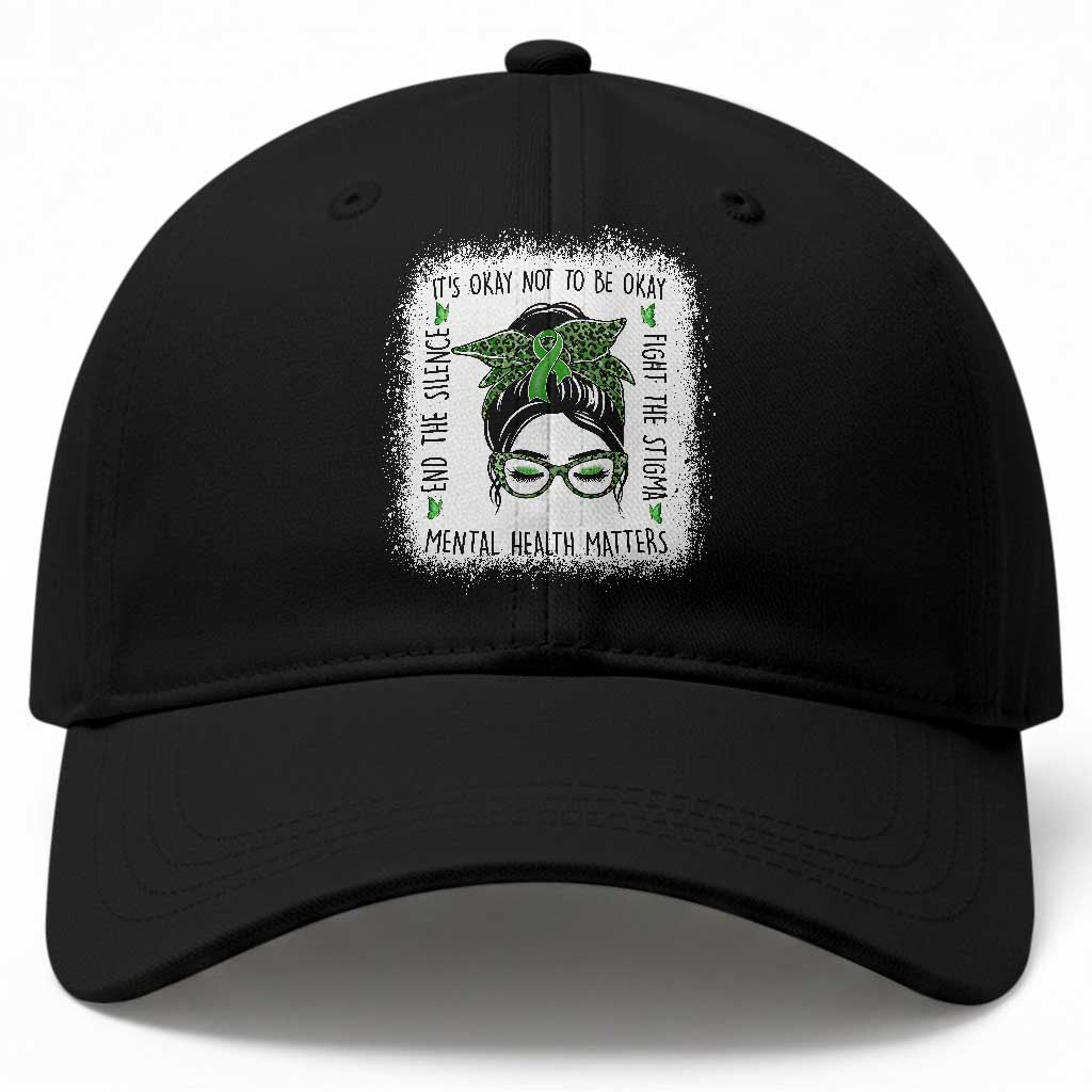 Mental Health Matters Baseball Cap Messy Bun Green Ribbon Support