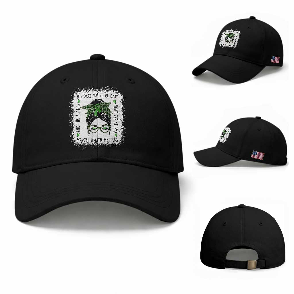 Mental Health Matters Baseball Cap Messy Bun Green Ribbon Support