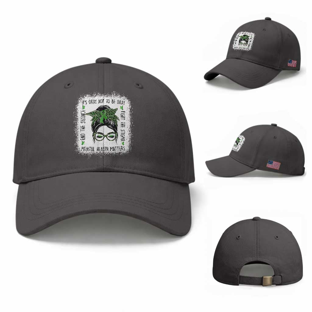 Mental Health Matters Baseball Cap Messy Bun Green Ribbon Support